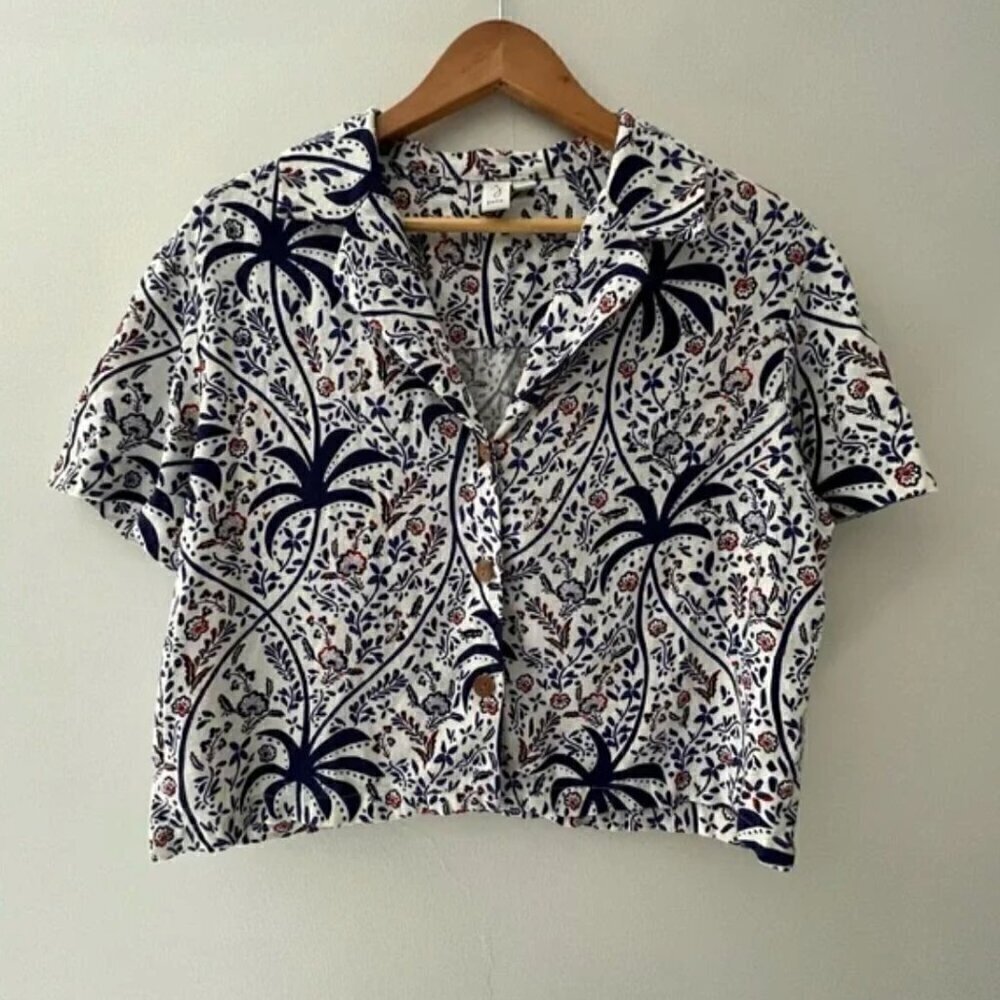 Joie Linen Blend Resort Top L NWOT Cropped Boho Palm Tree Print Trip Beach Boxy